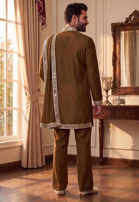 yellow kurta set with silver mirror work and an attached stole 2
