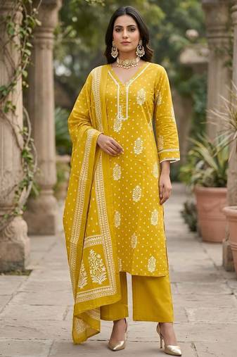 Yellow floral printed straight kurta set for women