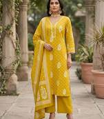 Yellow floral printed straight kurta set for women