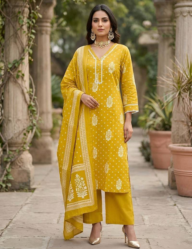 Yellow floral printed straight kurta set for women