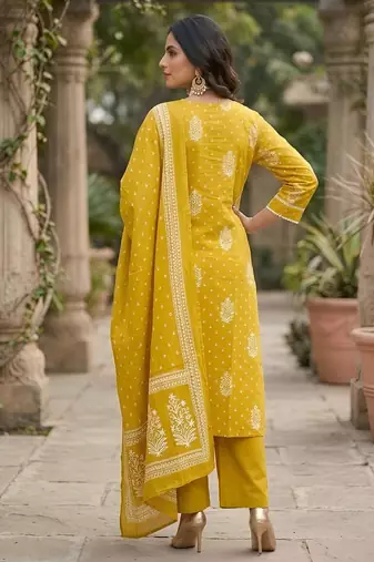 Yellow floral printed straight kurta set for women