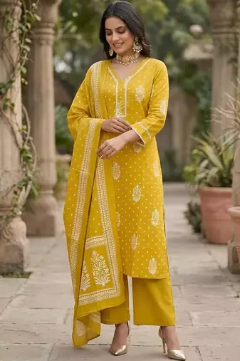 Yellow floral printed straight kurta set for women