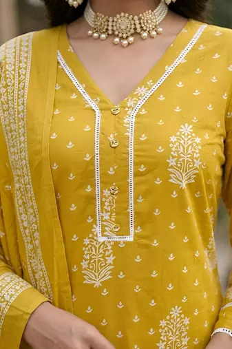 Yellow floral printed straight kurta set for women