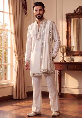 purple pure lachka kurta set with silver mirror work and an attached stole 1