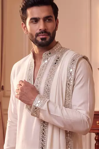 purple pure lachka kurta set with silver mirror work and an attached stole