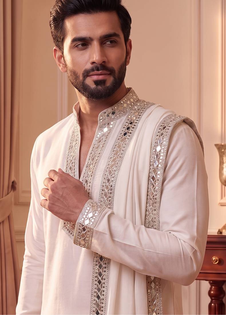 purple pure lachka kurta set with silver mirror work and an attached stole