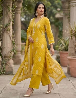 Yellow floral printed straight kurta set for women 5