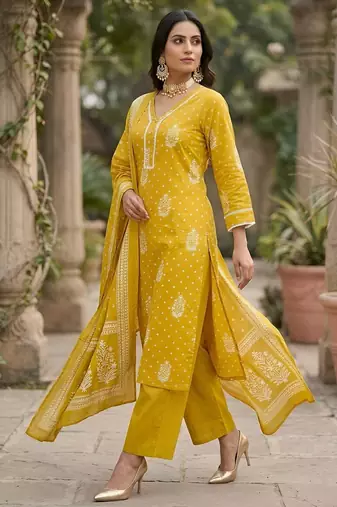 Yellow floral printed straight kurta set for women