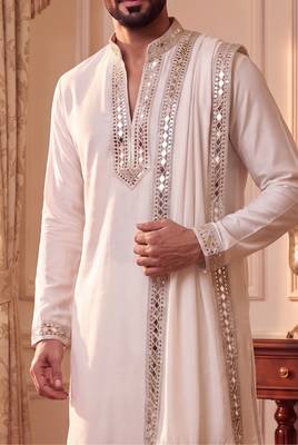 purple pure lachka kurta set with silver mirror work and an attached stole 3