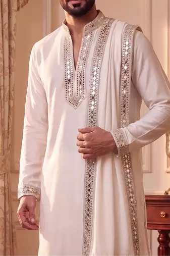 purple pure lachka kurta set with silver mirror work and an attached stole