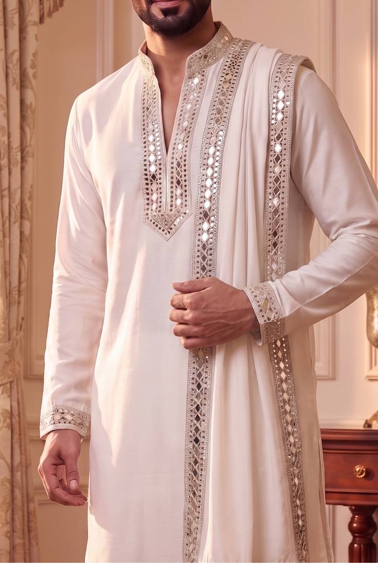purple pure lachka kurta set with silver mirror work and an attached stole