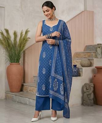 Blue floral printed straight kurta set for women 1