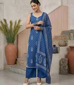 Blue floral printed straight kurta set for women