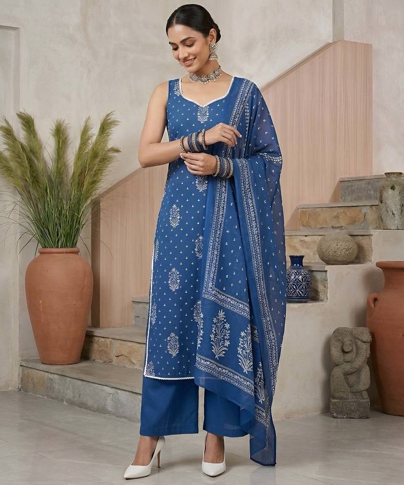 Blue floral printed straight kurta set for women