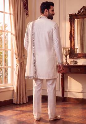 purple pure lachka kurta set with silver mirror work and an attached stole 4