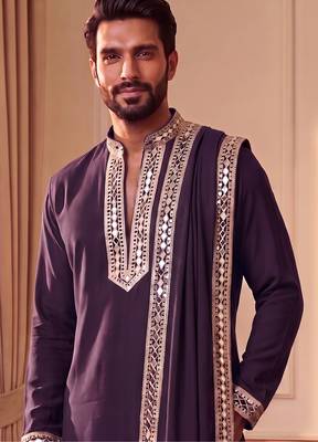 purple pure lachka kurta set with silver mirror work and an attached stole. 1