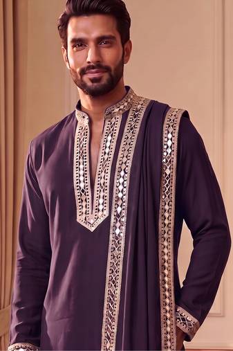 purple pure lachka kurta set with silver mirror work and an attached stole.
