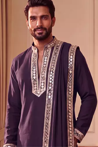purple pure lachka kurta set with silver mirror work and an attached stole.