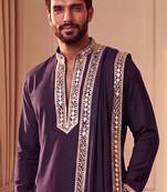 purple pure lachka kurta set with silver mirror work and an attached stole.