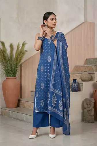 Blue floral printed straight kurta set for women