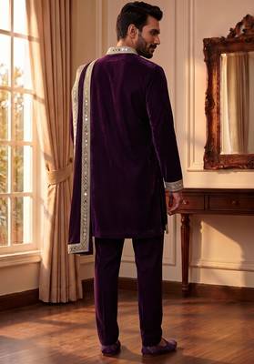 purple pure lachka kurta set with silver mirror work and an attached stole. 2