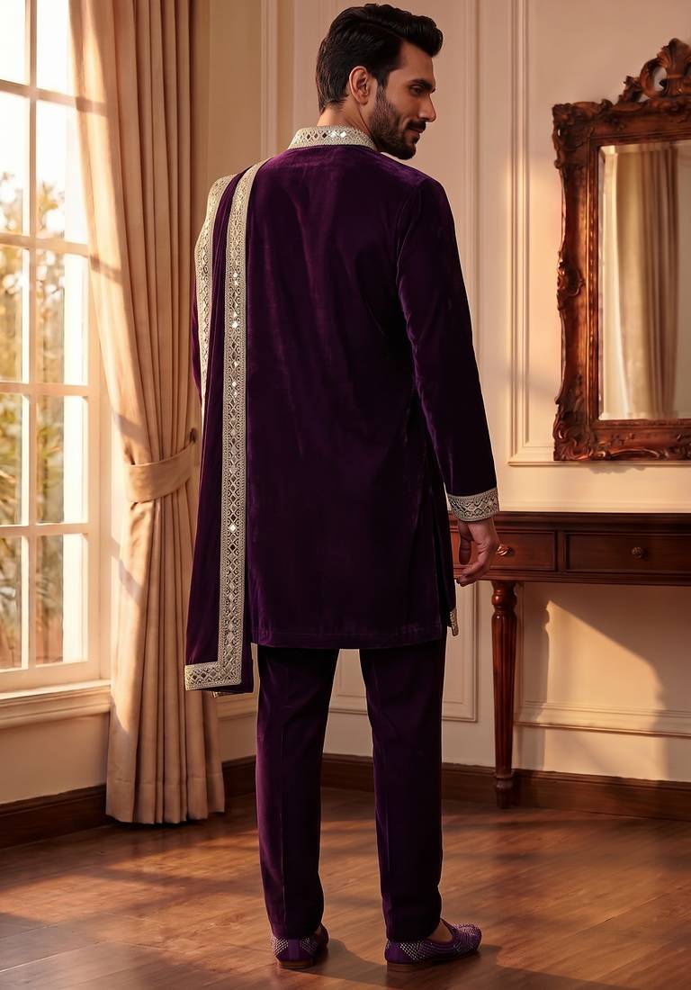 purple pure lachka kurta set with silver mirror work and an attached stole.