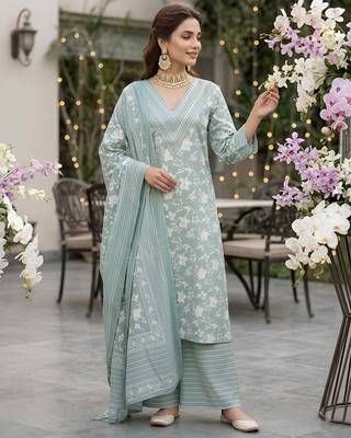 Sage green floral printed straight kurta set for women 1