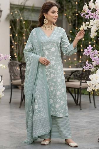 Sage green floral printed straight kurta set for women