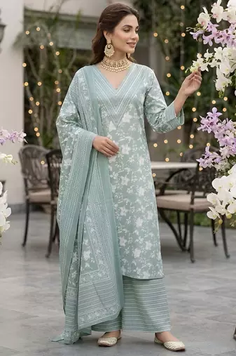 Sage green floral printed straight kurta set for women