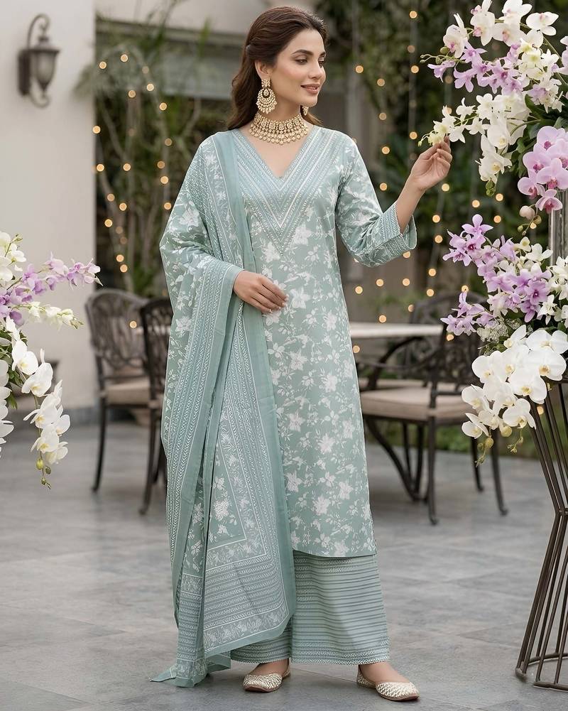 Sage green floral printed straight kurta set for women