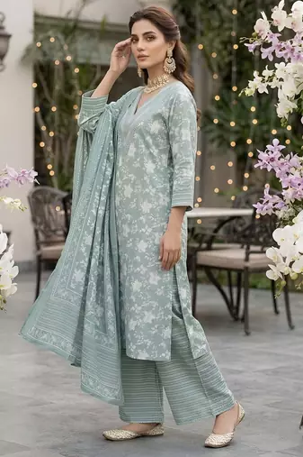 Sage green floral printed straight kurta set for women