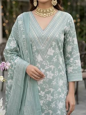 Sage green floral printed straight kurta set for women 4