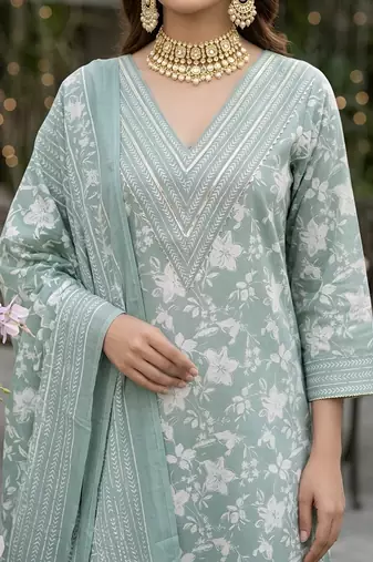 Sage green floral printed straight kurta set for women