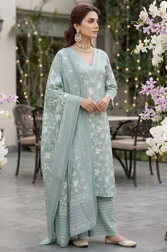 Sage green floral printed straight kurta set for women