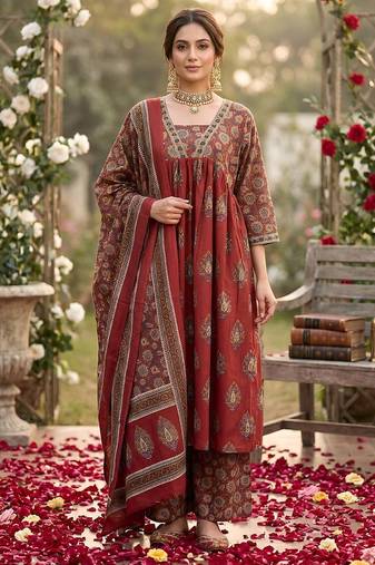 Maroon floral printed a-line kurta set for women