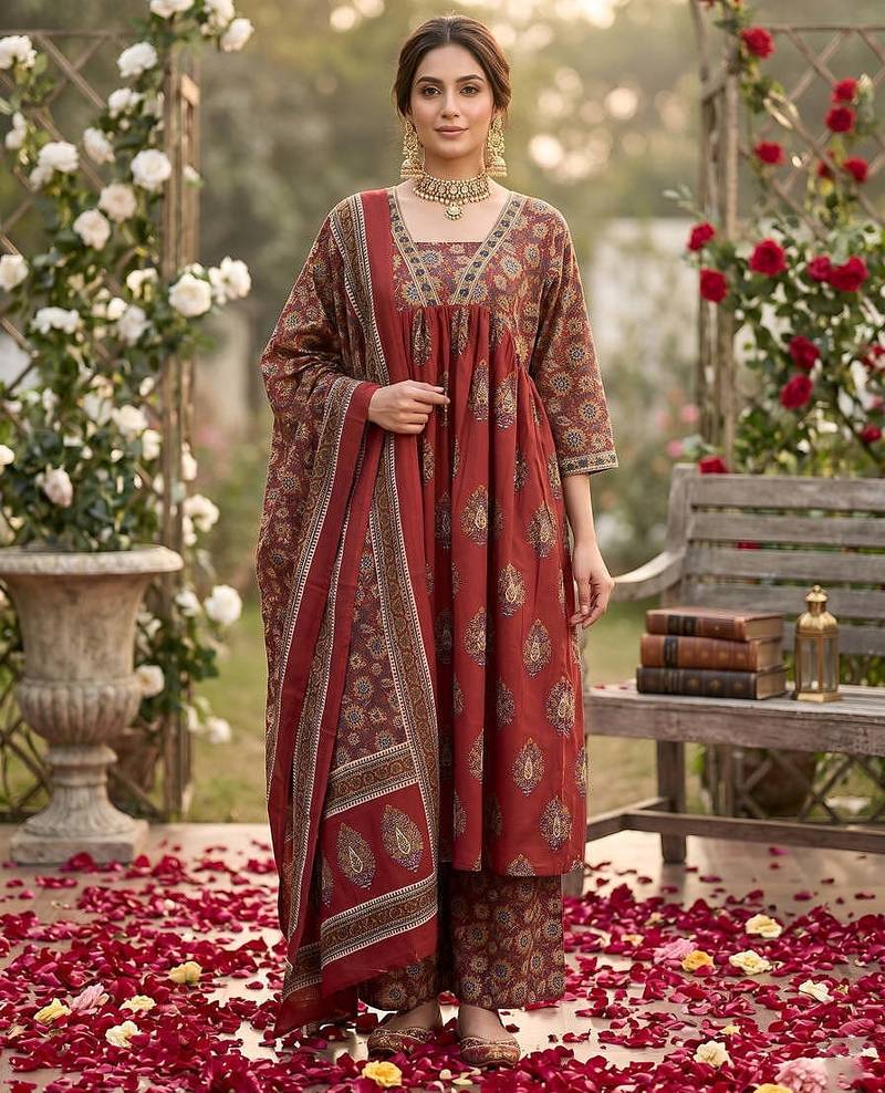 Maroon floral printed a-line kurta set for women