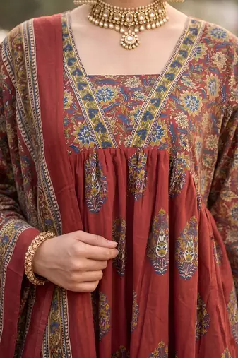 Maroon floral printed a-line kurta set for women