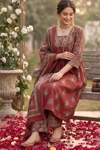 Maroon floral printed a-line kurta set for women