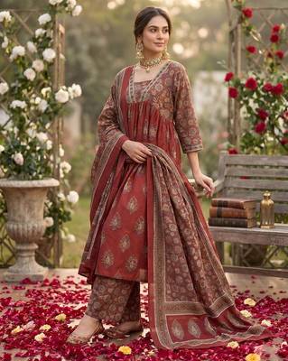 Maroon floral printed a-line kurta set for women 4