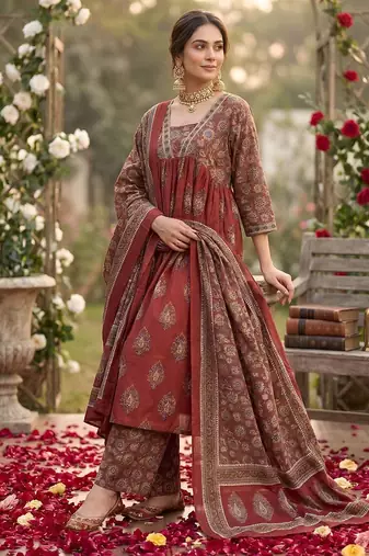 Maroon floral printed a-line kurta set for women