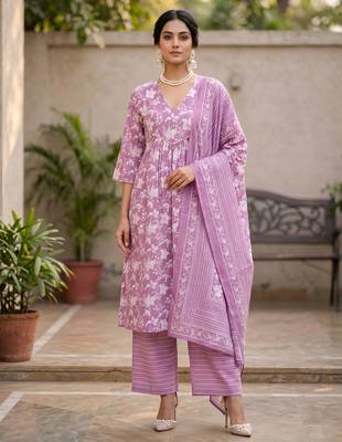 Lavender floral printed a-line kurta set for women 1