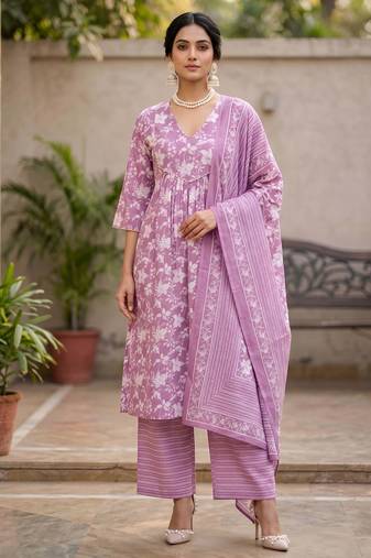 Lavender floral printed a-line kurta set for women