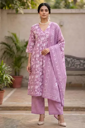 Lavender floral printed a-line kurta set for women