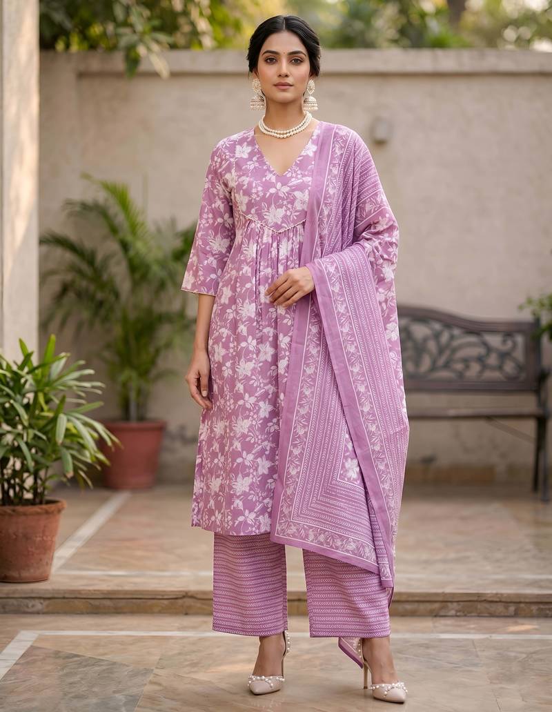 Lavender floral printed a-line kurta set for women