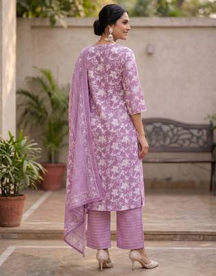 Lavender floral printed a-line kurta set for women 2