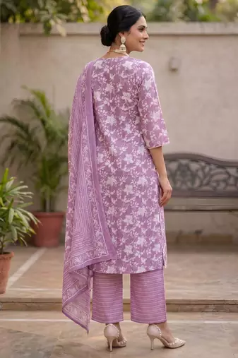 Lavender floral printed a-line kurta set for women