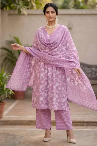 Lavender floral printed a-line kurta set for women
