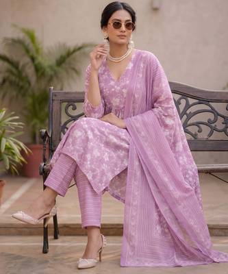 Lavender floral printed a-line kurta set for women 4