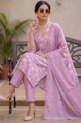 Lavender floral printed a-line kurta set for women