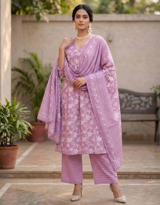 Lavender floral printed a-line kurta set for women 5